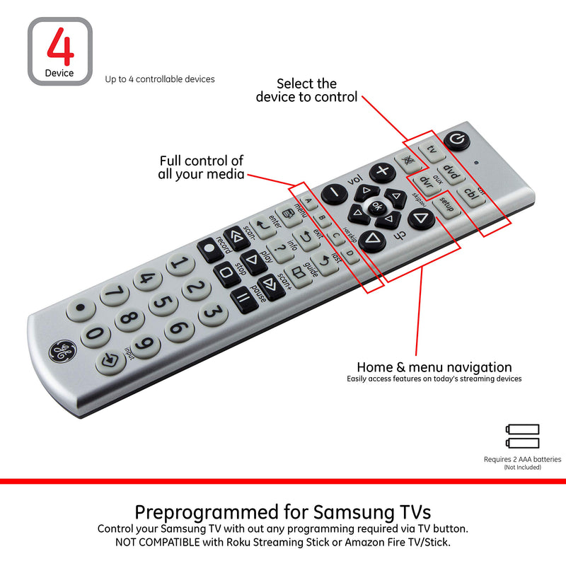 GE Big Button Universal Remote Control for Samsung, Vizio, Lg, Sony, Sharp, Roku, Apple TV, TCL, Panasonic, Smart TVs, Streaming Players, Blu-Ray, DVD, 4-Device, Silver, 34931 4 Device - LeoForward Australia