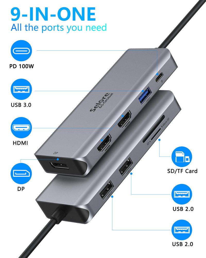  [AUSTRALIA] - USB C Docking Station Dual Monitor, 9 in 1 USB C Triple Display Docking Station to Dual HDMI Adapter Displayport SD TF Card Reader 2USB 2.0, 1 USB 3.0, 100W PD for USB C Thunderbolt 3 Laptops Space Gray