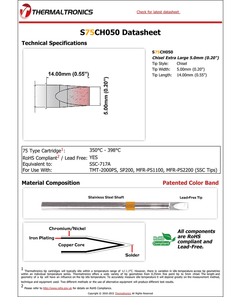  [AUSTRALIA] - Thermaltronics S75CH050 Chisel Extra Large 5.0mm (0.20in) interchangeable for Metcal SSC-717A