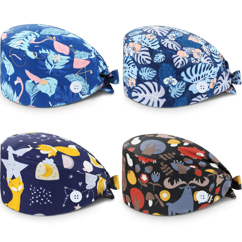  [AUSTRALIA] - SATINIOR 4 Pack Scrubbing Cap Printed Full Turban Hat Adjustable Full Hair Cover Unisex Doctor Cap with Sweatband for Beauty Worker Personal Care Needs
