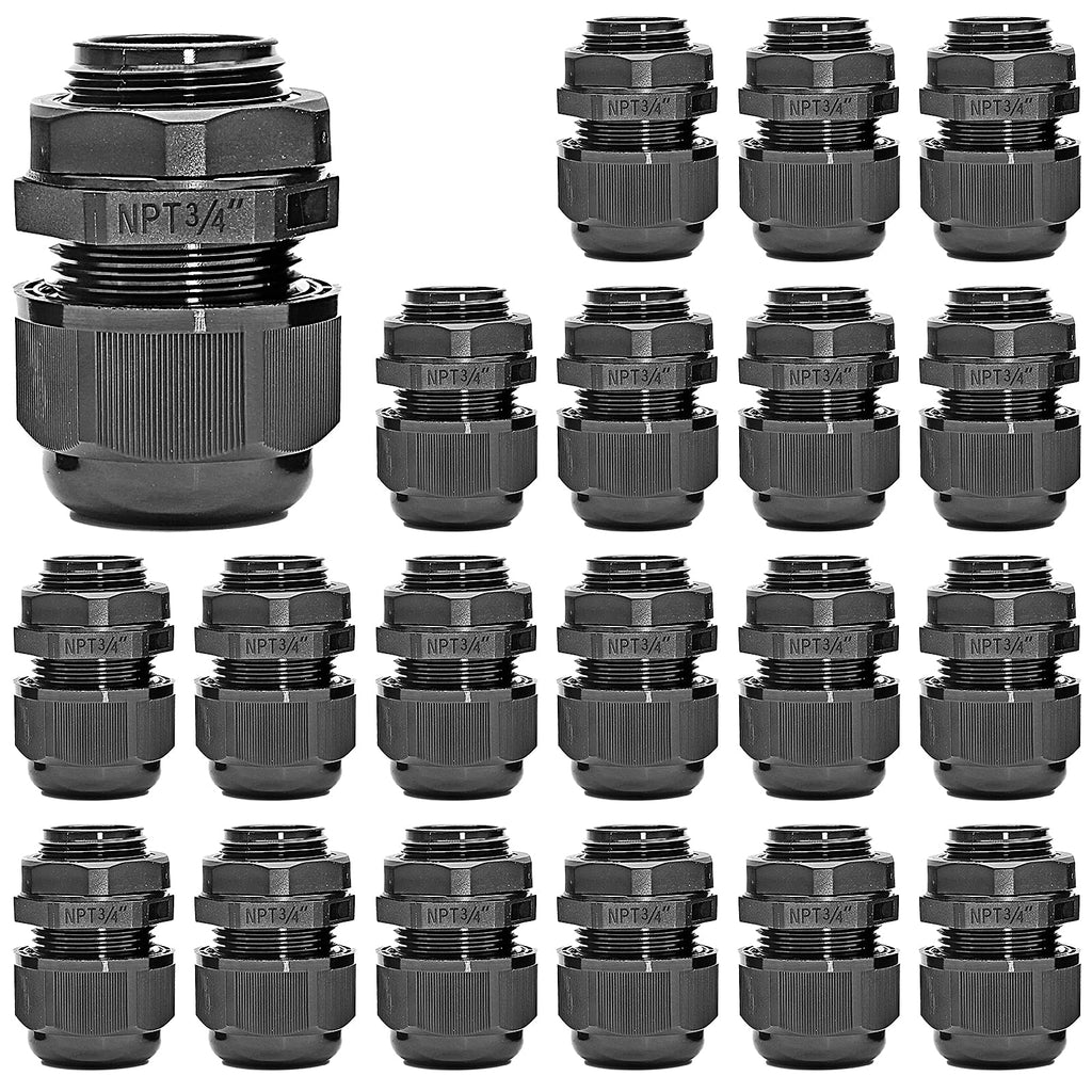  [AUSTRALIA] - Bonsicoky 20Pcs 3/4 NPT Nylon Cable Glands, Waterproof Adjustable Cord Grip Cable Connector Black Strain Relief Wire Protectors for 13-18mm Cable Diameter