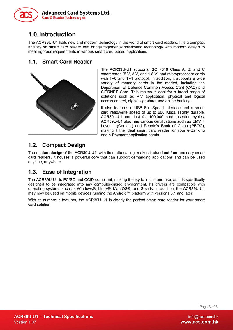 USB Smart Card Reader ACS ACR39U - LeoForward Australia