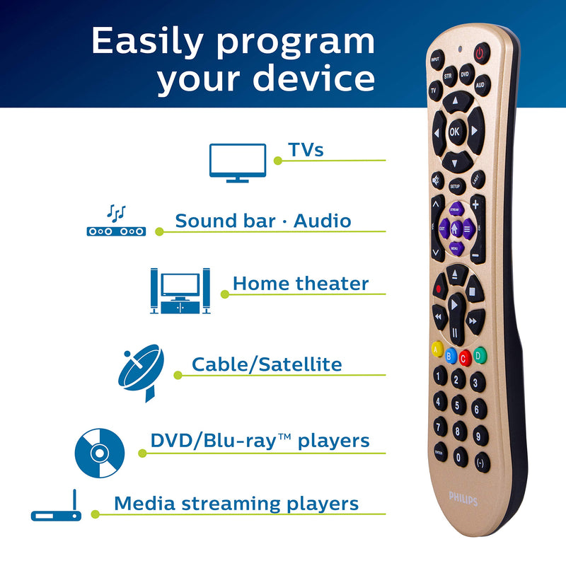 Philips Universal Remote Control for Samsung, Vizio, LG, Sony, Sharp, Roku, Apple TV, RCA, Panasonic, Smart TVs, Streaming Players, Blu-ray, DVD, Simple Setup, 4 Device, Gold, SRP2014C/27 - LeoForward Australia