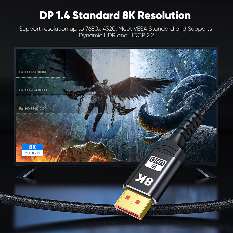  [AUSTRALIA] - Capshi VESA Certified 1.4 DisplayPort Cable 6FT, 8K DP Cable (8K@60Hz, 4K@144Hz, 2K@240Hz) HBR3 Support 32.4Gbps, HDCP 2.2, HDR10 FreeSync G-Sync for Gaming Monitor 3090 Graphics PC 6.6 feet