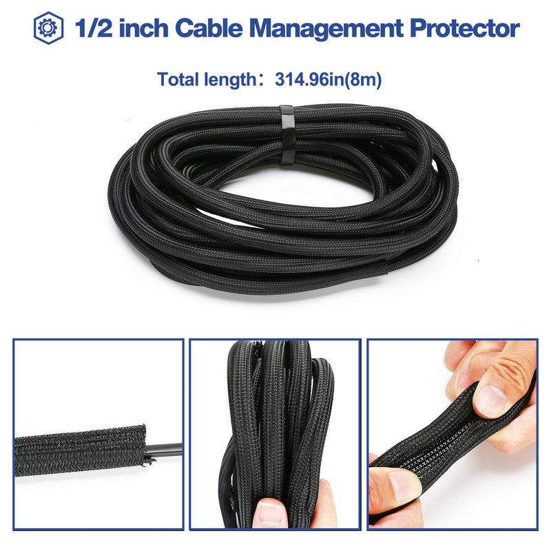  [AUSTRALIA] - JOTO 26ft - 1/2 inch Cord Protector Wire Loom Tubing Cable Sleeve, Braided Cable Sleeve Split Sleeving Cord Management System for TV Computer Home Theater Office, Protect Pet From Chewing Cords –Black 1/2"-26ft