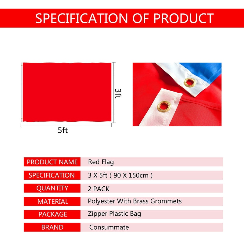  [AUSTRALIA] - Consummate Solid Red Flag 3x5 Foot Plain Red Flags Banner Polyester with Brass Grommets,2 Pack