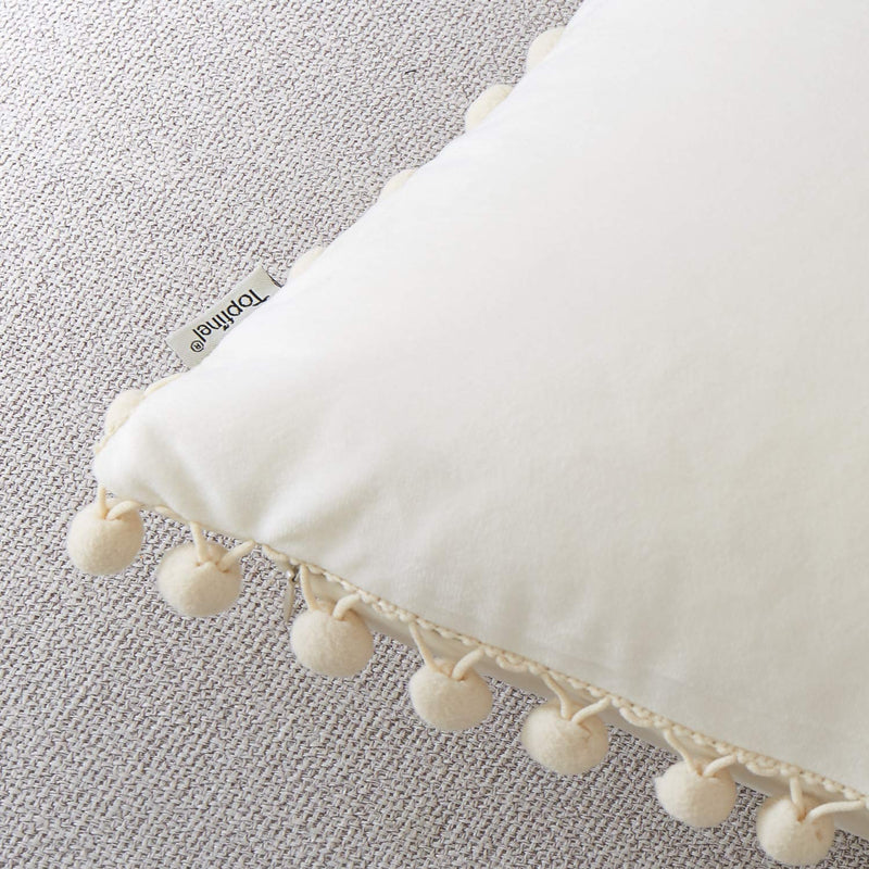  [AUSTRALIA] - Top Finel Lumbar Throw Pillow Covers with Pom Poms Soft Particles Velvet Solid Cushion Covers 12 X 20 for Couch Sofa Bedroom Car, Pack of 2, Cream 12"x20"