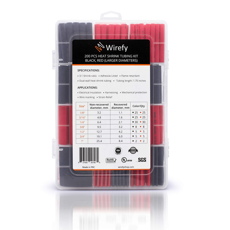  [AUSTRALIA] - Wirefy Heat Shrink Tubing Kit - 3:1 Ratio Adhesive Lined, Marine Grade Shrink Wrap - Automotive Industrial Heat-Shrink Tubing - Black, Red 200 PCS