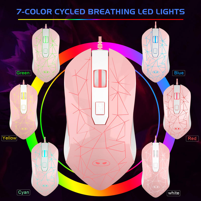MageGee G6 Wired Gaming Mouse, Ergonomic USB Optical Mouse with 7 Colors Breathing LED Backlit, 6 Adjustable DPI Levels from 600 to 3200 for Laptop PC Computer Games & Work, Pink - LeoForward Australia