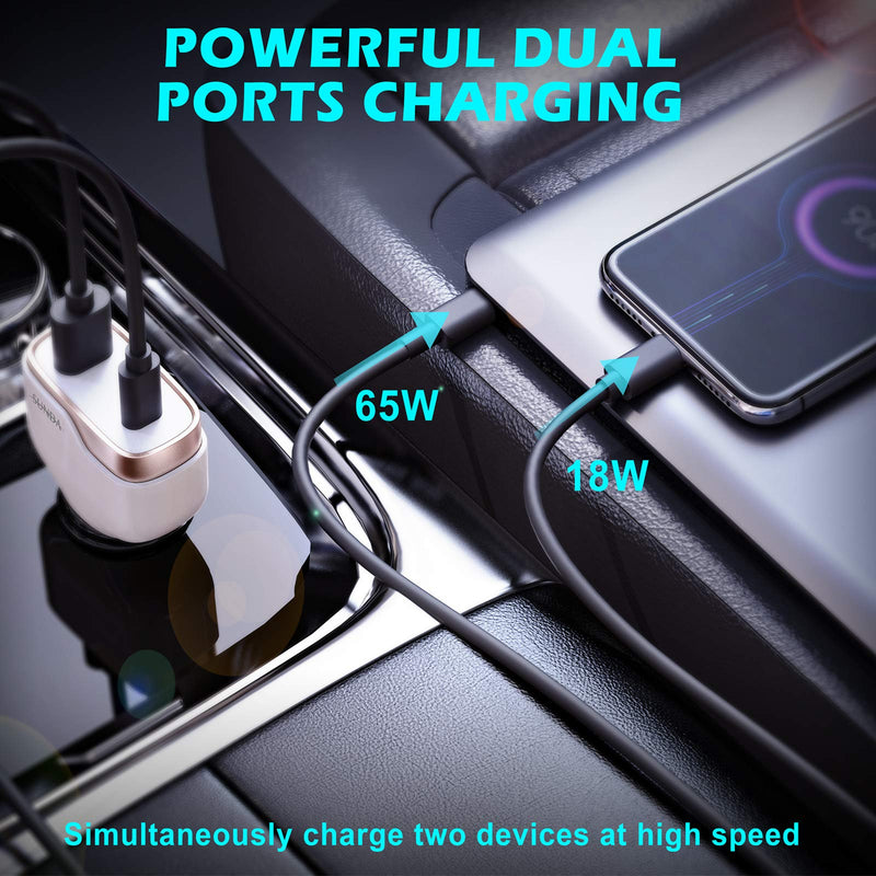SUNDA 83W Dual Ports USB C Fast Car Charger, PD 65W Type C Phone Laptop Quick Charge Compatible with MacBook, ThinkPad, Samsung Galaxy12/11, iPhone12/12Pro/Max/12 Mini/iPhone11,18W QC3.0 for Android CC53-1A1C - LeoForward Australia