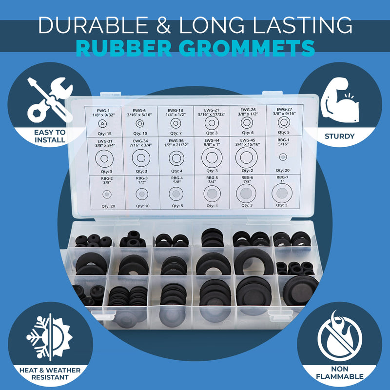  [AUSTRALIA] - 125pc 18 Sizes Rubber Grommet Kit - Includes Rubber Grommets for Wiring, Rubber Hole Plugs, and Automotive Firewall Grommet (1/4” 5/16” 1/2” 7/32” 3/8” 9/16” 5/16” 5/8” 3/4” 7/8” 15/16” 21/32” 1”) 18 Sizes (125-Pc)