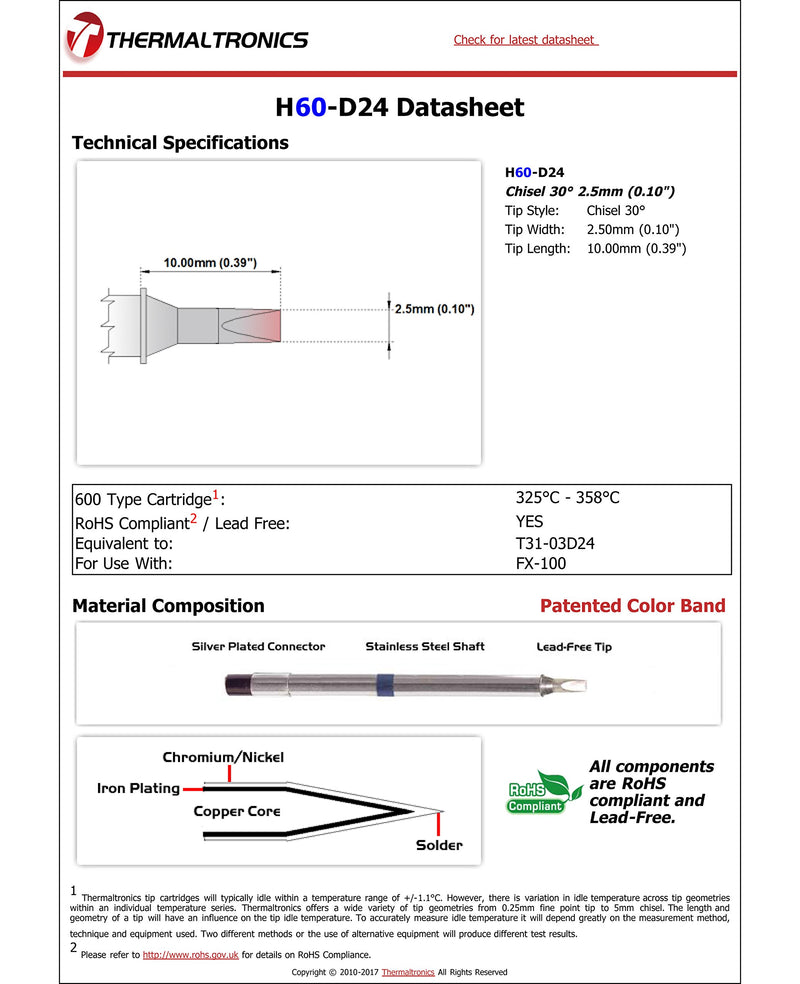  [AUSTRALIA] - Thermaltronics H60-D24 Chisel 30deg 2.5mm (0.10in) interchangeable for Hakko T31-03D24