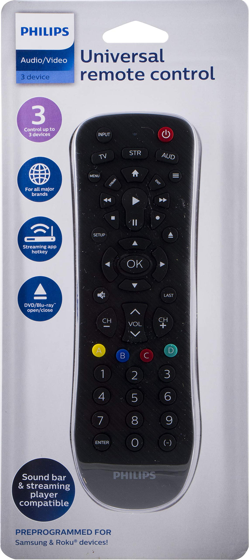  [AUSTRALIA] - Philips Remote Control for Samsung, Vizio, LG, Sony, Sharp, Roku, Apple TV, RCA, Panasonic, Smart TVs, Streaming Players, Blu-ray, DVD, 3-Device, Black, SRP9232D/27 3 Device