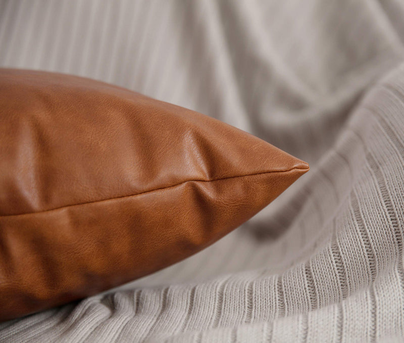  [AUSTRALIA] - HOMFINER Faux Leather Lumbar Throw Pillow Covers for Couch Bed Sofa Decorative, 12x20 Set of 2 Thick Modern Farmhouse Boho Small Long Accent Rectangle Scandinavian Decor Cushion Cases Cognac Brown 12" x 20", Set of 2