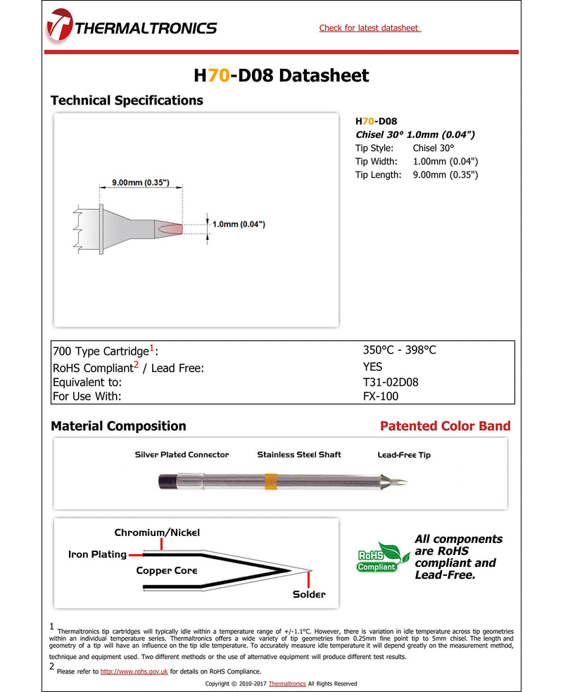  [AUSTRALIA] - Thermaltronics H70-D08 Chisel 30deg 1.0mm (0.04in) interchangeable for Hakko T31-02D08