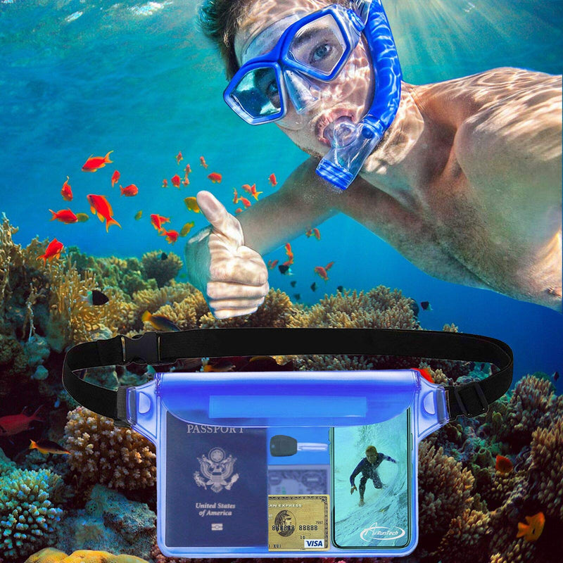  [AUSTRALIA] - AiRunTech Waterproof Pouch with Waist Strap (2 Pack) | Beach Accessories Best Way to Keep Your Phone and Valuables Safe and Dry | Perfect for Boating Swimming Snorkeling Kayaking Beach Pool Water Park Black + Blue