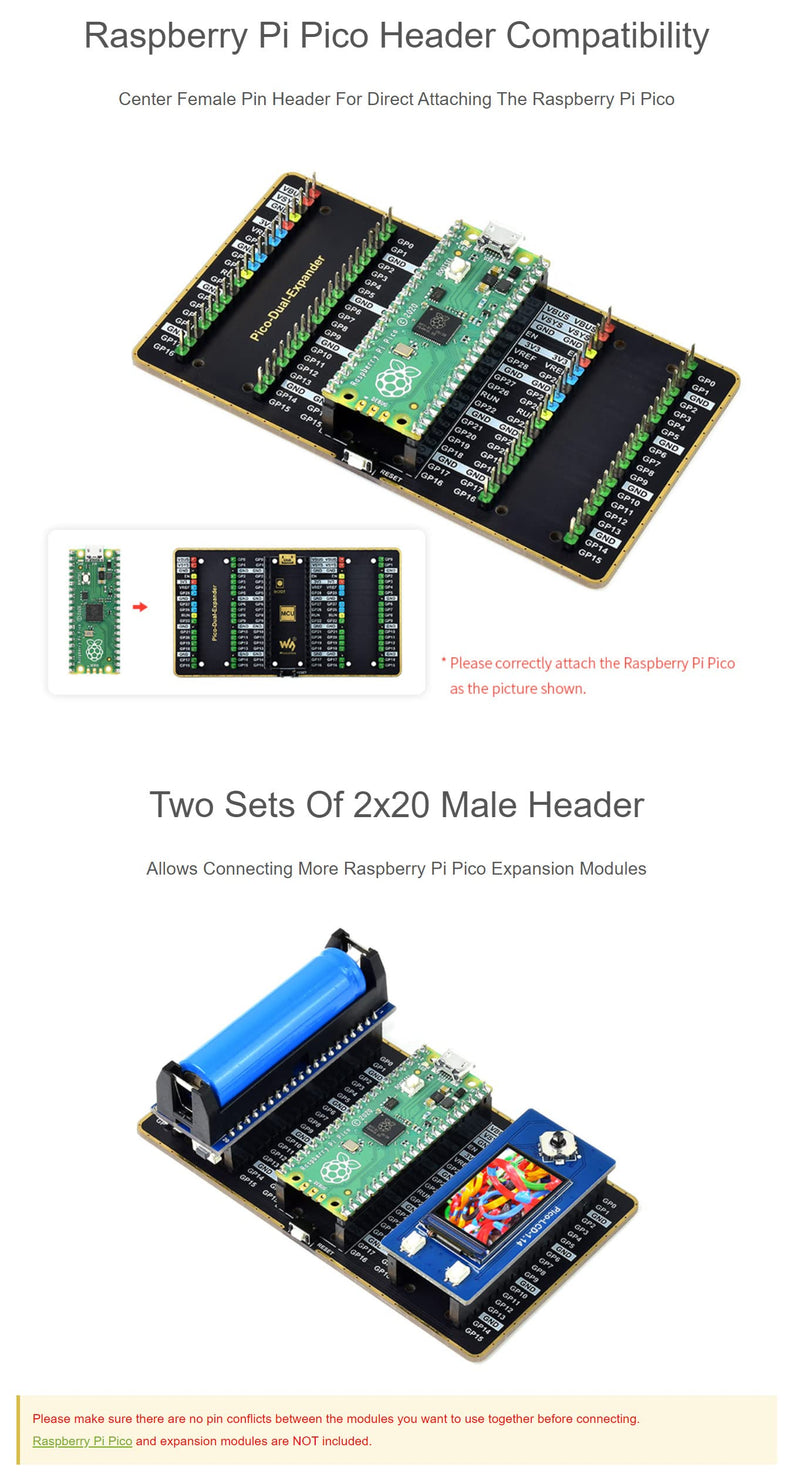  [AUSTRALIA] - Coolwell Dual GPIO Expander for Raspberry Pi Pico Board, Two Sets of Male Headers for Directly Connecting Expansion Modules Pico-Dual-Expander