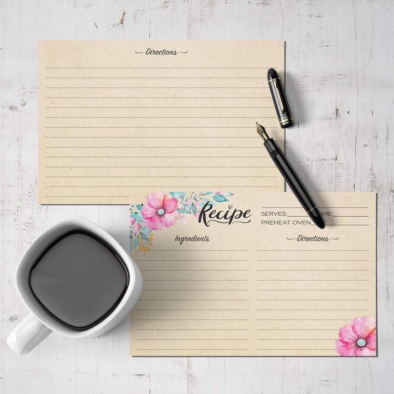  [AUSTRALIA] - Nuah Prints Double Sided Recipe Cards 4x6 Inch, Set of 50 Thick Cardstock Recipe Cards with Lines, Easy To Write On Smooth Surface, Line Printed, Large Writing Space (Floral Kraft Look) Floral Kraft Look