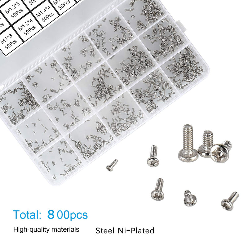  [AUSTRALIA] - HanTof 800pcs M1/M1.2/M1.4/M1.6/M1.7 Tiny Screws for Electronics, Very Small Phillips Pan Head Machine Screws, Micro screws, Mini Screws Assortment Kit for Electronic Repair,Nickel-Plated Carbon Steel