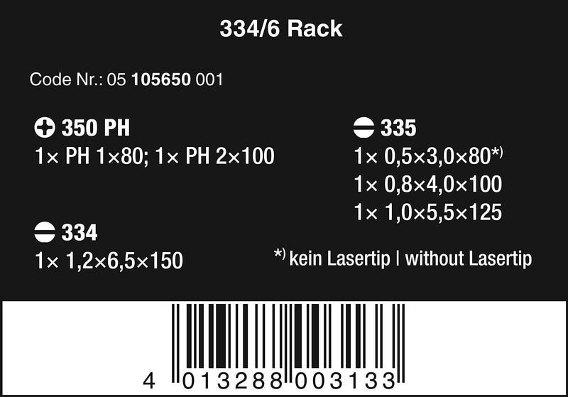  [AUSTRALIA] - Wera Kraftform Plus 334/6 Screwdriver Set with Rack and Lasertip, 6-Pieces Slotted: 6.5x150mm, 3x80mm, 4x100mm, 5.5x125. Phillips: PH1x80, PH2x100