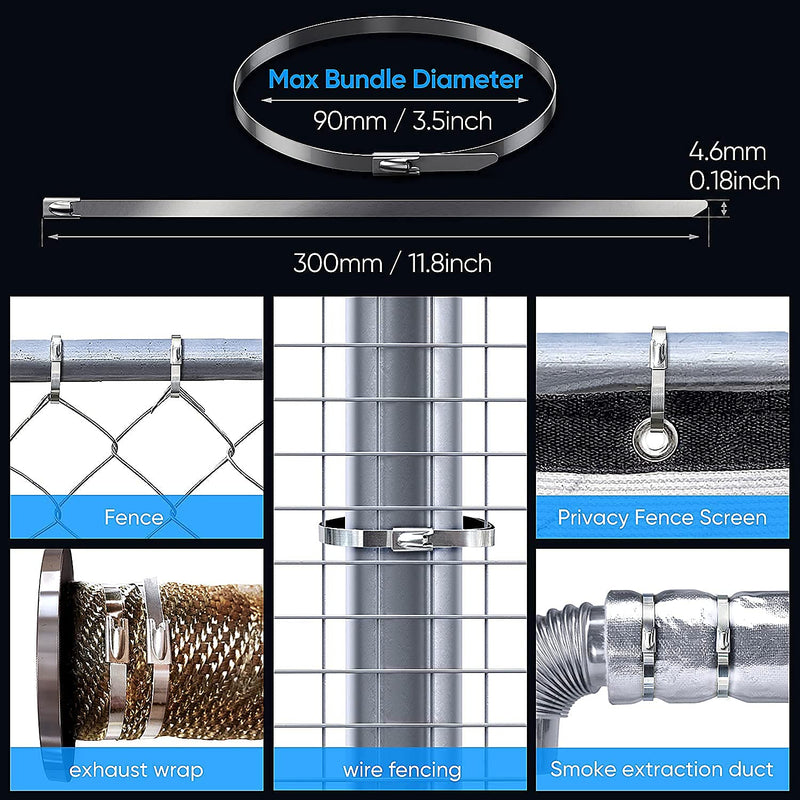  [AUSTRALIA] - Neojao Metal Zip Ties,100 Pcs 11.8 Inch,304 Stainless Steel Zip Ties Multi-purpose Metal Cable Ties-Suitable for Outdoor Chain Link Fence and Exhaust Wrap Zip Ties