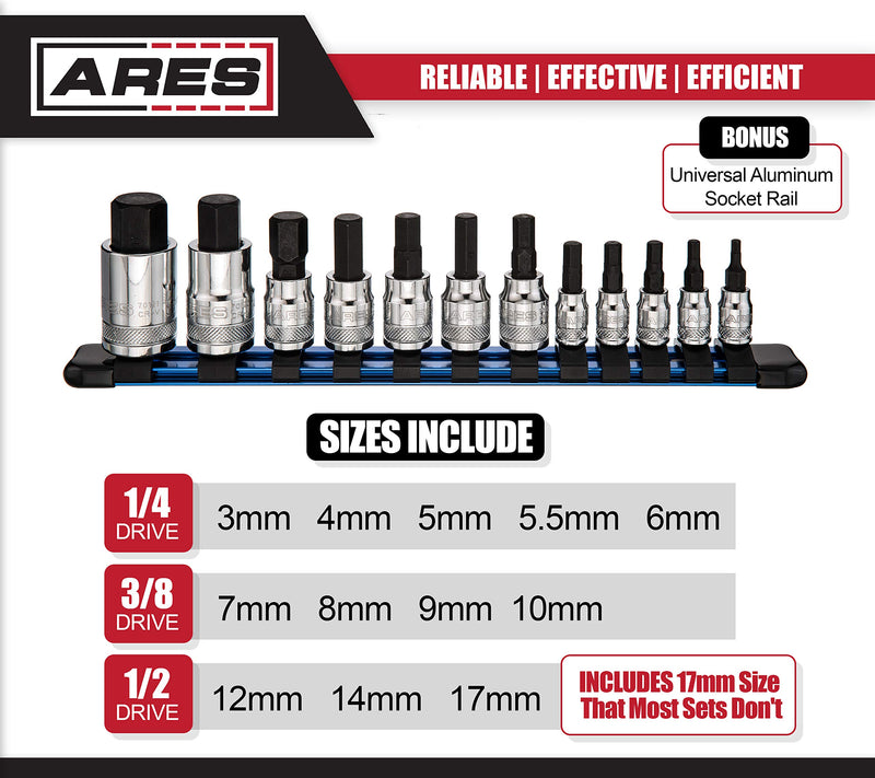  [AUSTRALIA] - ARES 70108-12-Piece Metric Hex Bit Socket Set - Chrome Vanadium Sockets with S2 Alloy Bits - Includes Aluminum Socket Organizer 12pc Metric Hex Bit Socket Set