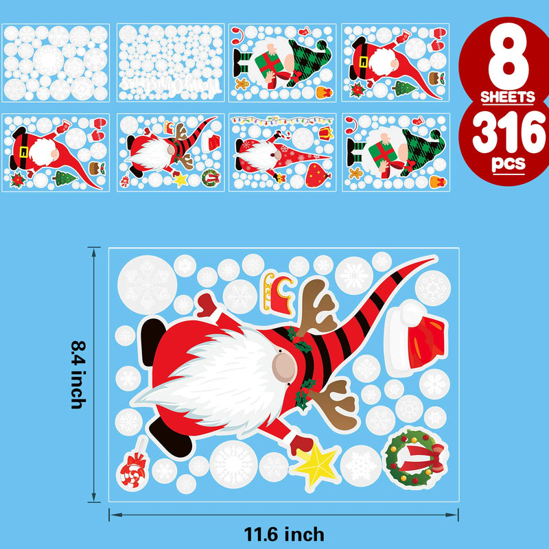  [AUSTRALIA] - Christmas Double Side Window Clings, 8 Sheets 316 PCS Gnome/Tomte/Nisse Window Clings Christmas Elves Window Decorations Kids Window Stickers for Xmas Window Decals