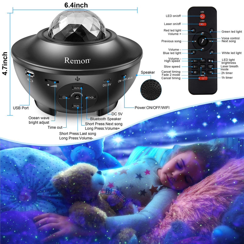Remon Star Projector Galaxy Projector Smart Night Light with 10 Colors Ocean Wave and Starry Scene Works with Alexa and Google Home, Valentine Gift Bluetooth Music Speaker for Kids Bedroom - LeoForward Australia