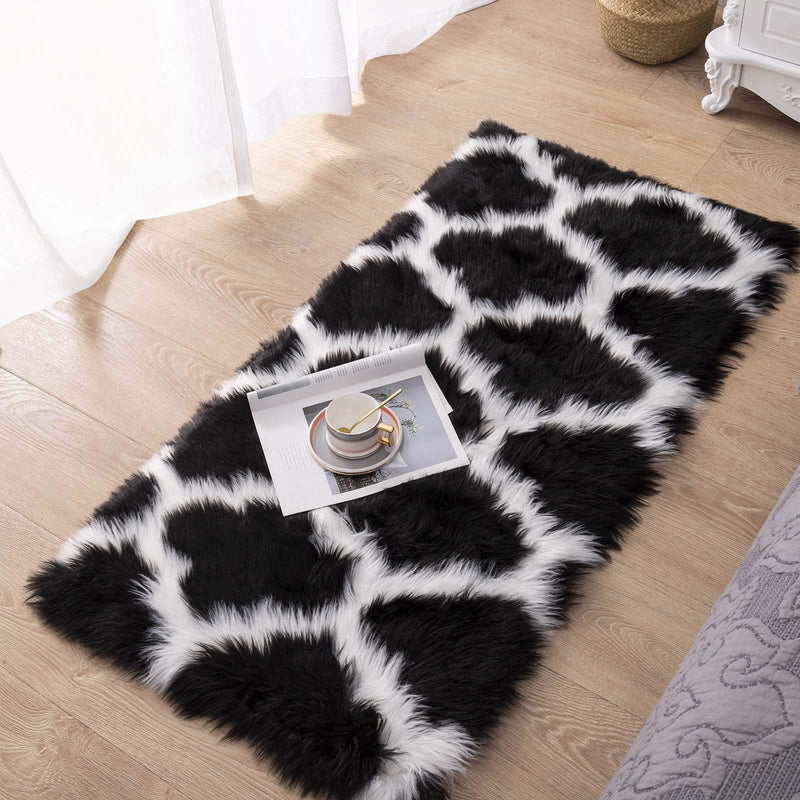  [AUSTRALIA] - Carvapet Moroccan Shaggy Soft Faux Sheepskin Fur Area Rugs Floor Mat Luxury Beside Carpet for Bedroom Living Room 2ft x 4ft, White Strips on Black Black & White
