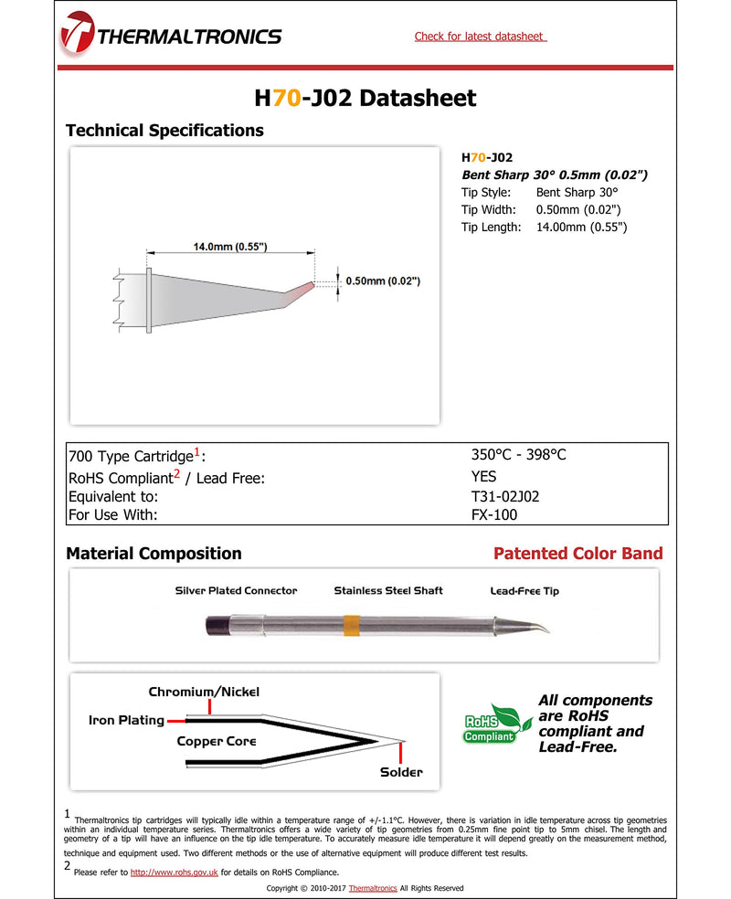  [AUSTRALIA] - Thermaltronics H70-J02 Bent Sharp 30deg 0.5mm (0.02in) interchangeable for Hakko T31-02J02