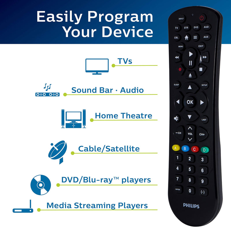  [AUSTRALIA] - Philips Universal Remote Control Replacement for Samsung, Vizio, LG, Sony, Sharp, Roku, Apple TV, RCA, Panasonic, Smart TVs, Streaming Players, Blu-ray, DVD, Simple Setup, 6 Device, Black, SRP9263C/27