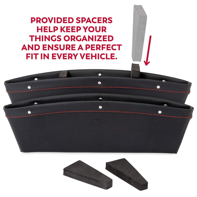 Lusso Gear 2 in 1 Car Seat Gap Organizer - Universal Fit, Storage Pockets Adjust, 2 Set Car Seat Crevice Storage Box, Helps Reduce Distracted Driving & Holds Phone, Money, Cards, Keys, Remote Black with Red Stitching - LeoForward Australia