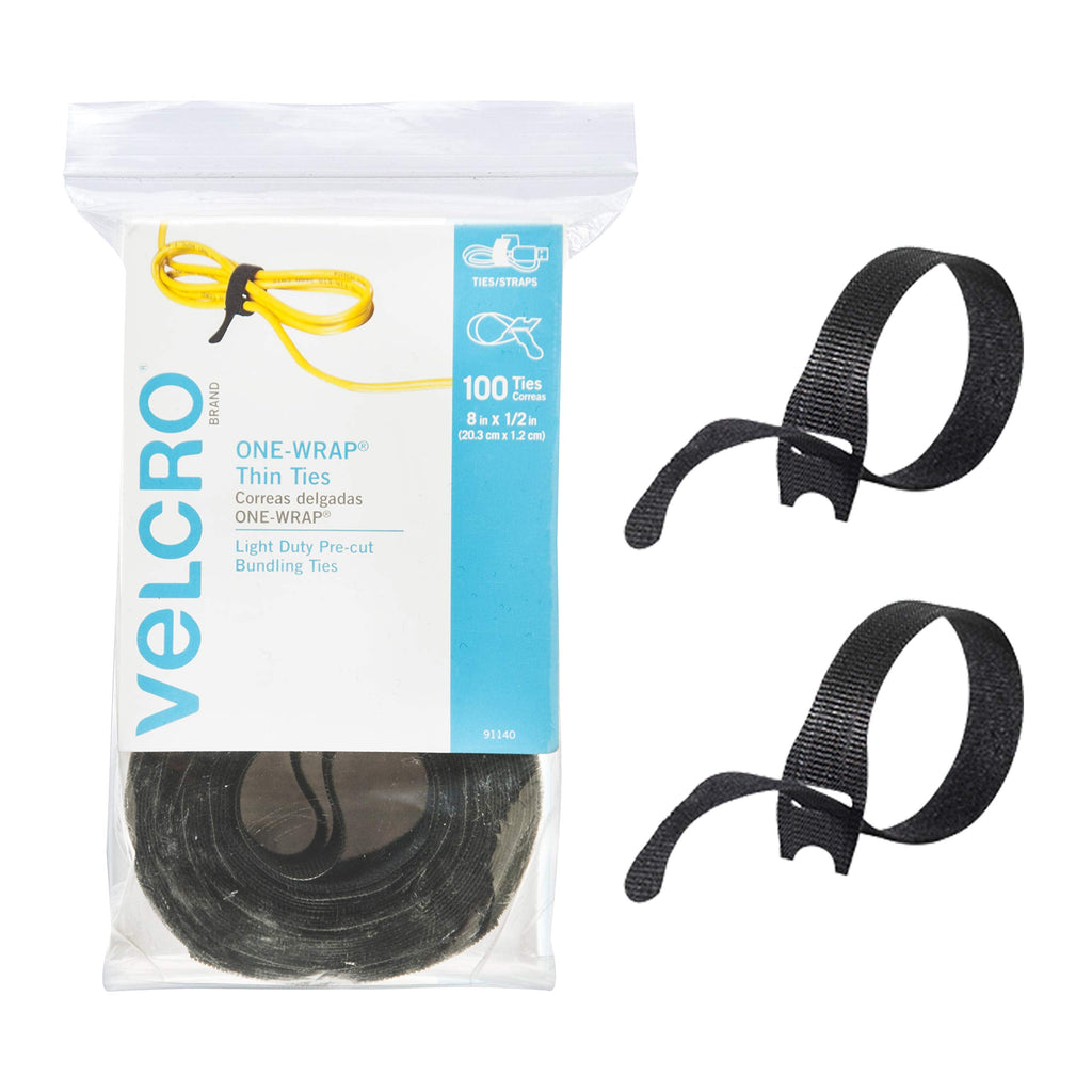  [AUSTRALIA] - VELCRO Brand ONE-WRAP Cable Ties, 100Pk, 8 x 1/2" Black Cord Organization Straps, Thin Pre-Cut Design, Wire Management for Organizing Home, Office and Data Centers