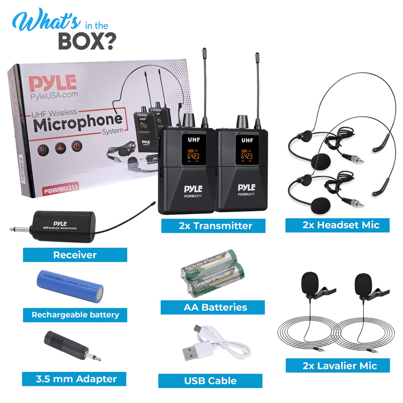  [AUSTRALIA] - Dual UHF Wireless Microphone System - Portable Professional Cordless Microphone Set Wireless Mic Kit w/Headset Mic, Lavalier Mic, Beltpack Transmitter, Receiver - Karaoke & Conference - Pyle PDWMU211