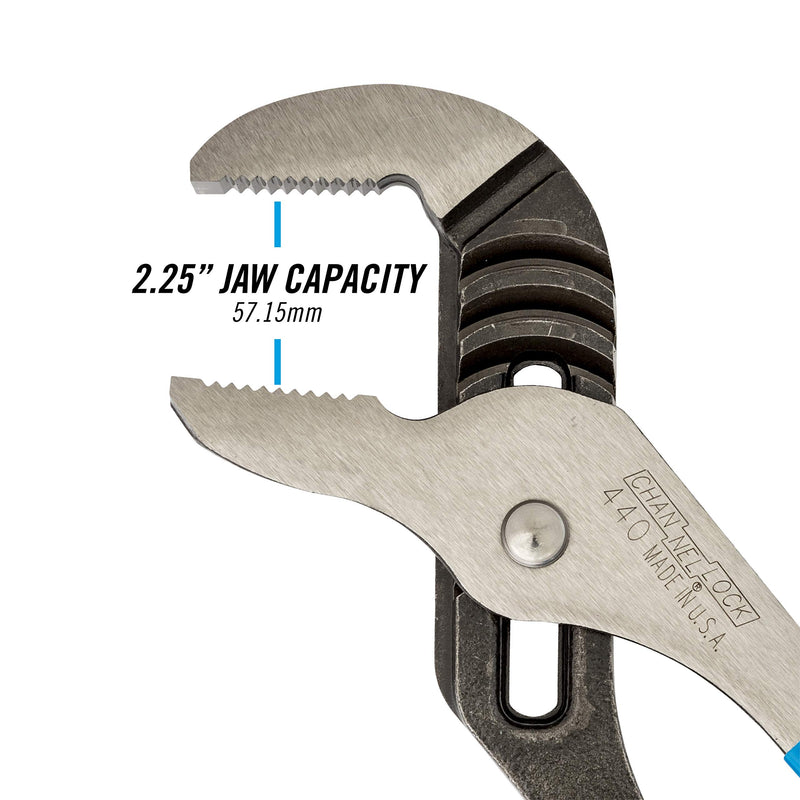  [AUSTRALIA] - Channellock 440 Tongue and Groove Pliers | 12-Inch Straight Jaw Groove Joint Plier with Comfort Grips | 2.25-Inch Jaw Capacity | Laser Heat-Treated 90° Teeth| Forged High Carbon Steel | Made in USA, Black, Blue, Silver
