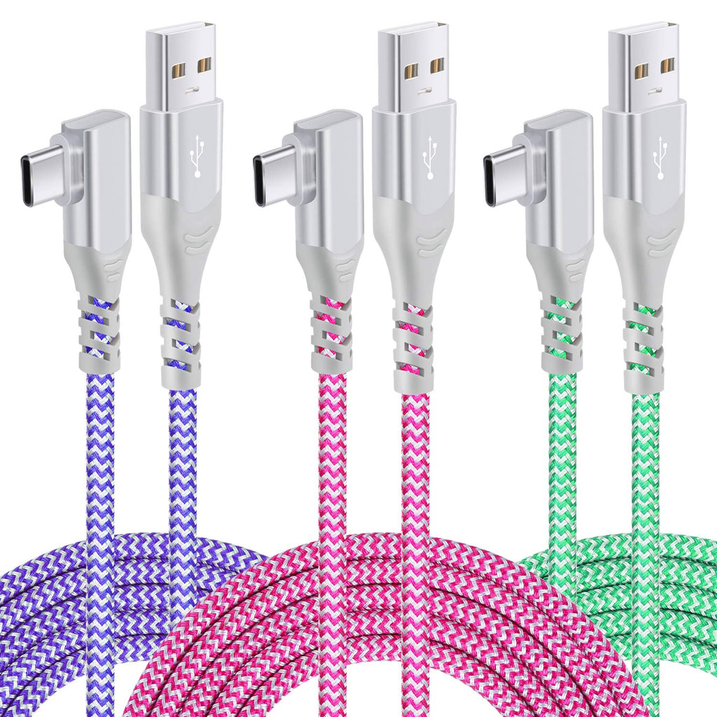  [AUSTRALIA] - USB Type C Cable Fast Charging [3Pack,10ft],Pofesun USB C Cable Right Angle 90 Degree USB A to Type C Fast Charger Compatible for Samsung S22+Ultra S21 S20 S10 S9 Plus Note 20 10-Purple,Green,Rose Purple,Green,Rose