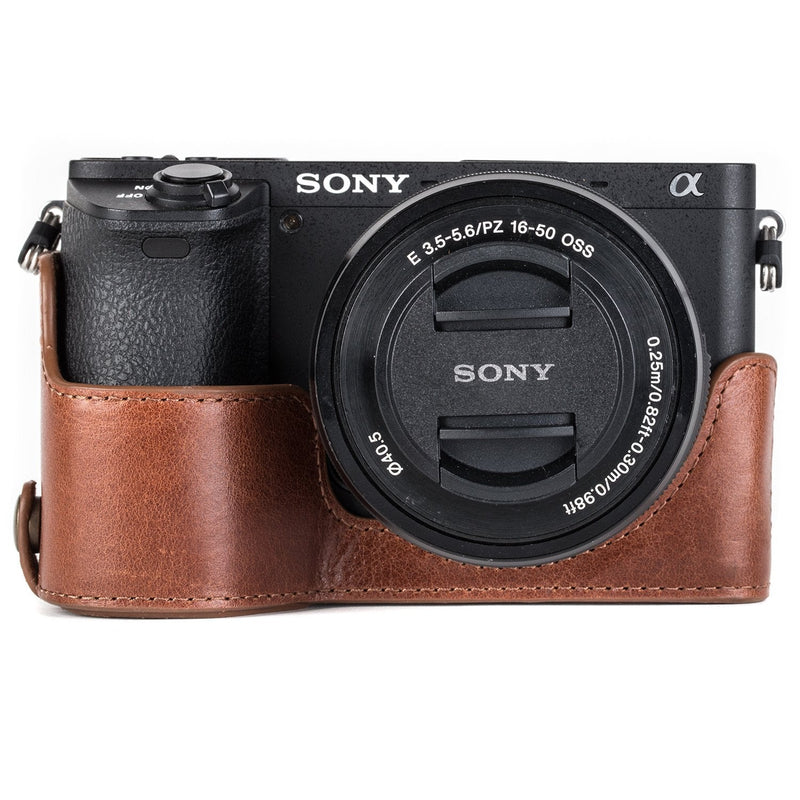  [AUSTRALIA] - MegaGear MG1204 Sony Alpha A6500 Ever Ready Genuine Leather Camera Half Case & Strap with Battery Access, Dark Brown