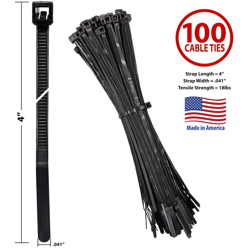  [AUSTRALIA] - Bar Lok 4” Zip Ties – 100 Pieces, Black – Made in America – Weather, UV & Impact Resistant Plastic Cable Ties for Binding Bundling & Organizing Wire Cable & More – Indoor & Outdoor (4", 100ct) 4" X 100