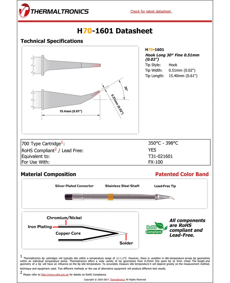  [AUSTRALIA] - Thermaltronics H70-1601 Hook Long 30deg Fine 0.51mm (0.02in) interchangeable for Hakko T31-021601