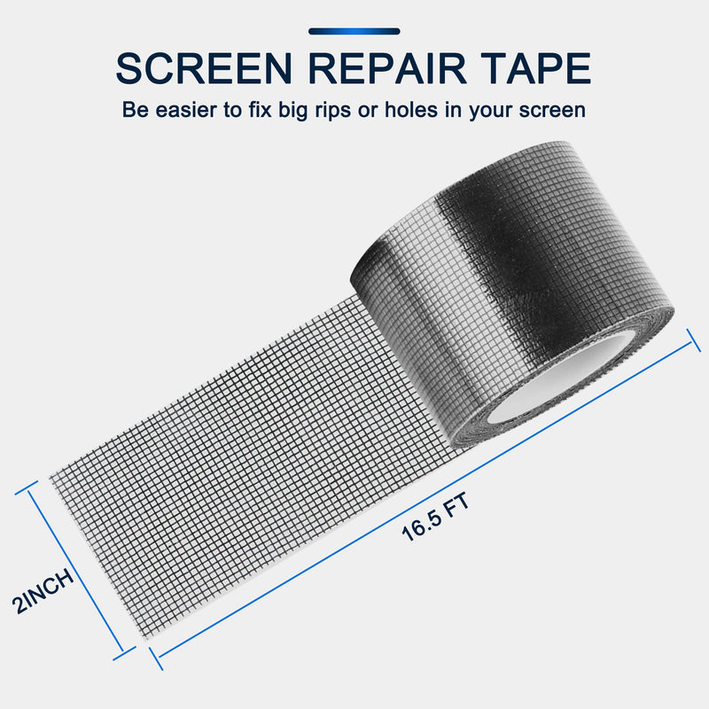  [AUSTRALIA] - Window Screen Repair Kit, 2" × 16.5' Black Screen Patch Repair Kit Strong Adhesive Fiberglass Covering Mesh Tape for Window Door Tears Holes