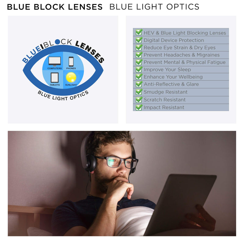 Mens & Women Blue Light Glasses for Computers & Digital Screens +0 - +2.5, Flat Folding Eye Glasses. Read Optics +2.0 Square - Black / Blue Block Lens - LeoForward Australia