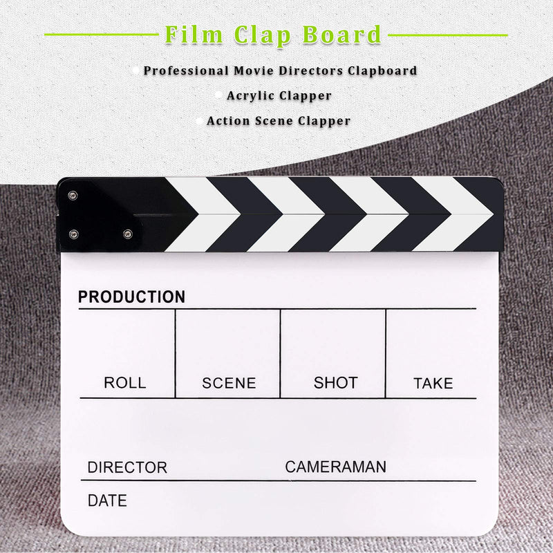  [AUSTRALIA] - Keadic Movie Film Clap Board, Black and Acrylic Directors Clapboard with 5 Pcs Erasable Pen and Chalkboard Eraser, 10 x 12'' Photography Studio Video TV Cut Action Scene Clapper Board