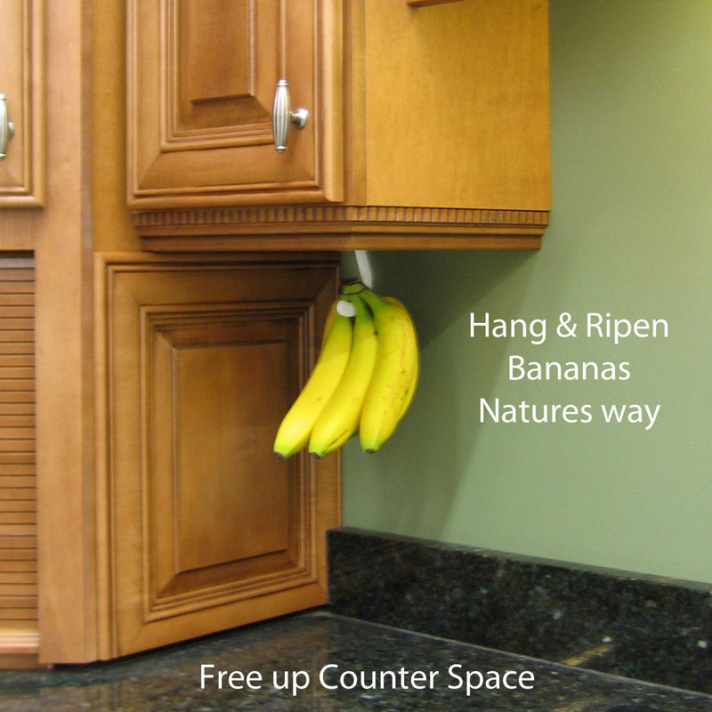 Banana Hook Hanger Under Cabinet Hook Ripens Bananas with Less Bruises, Hang Other Lightweight Kitchen Items, Folds Up Out of Sight When Not in Use, Self-Adhesive + Pre-drilled Screw Holes (White) - LeoForward Australia