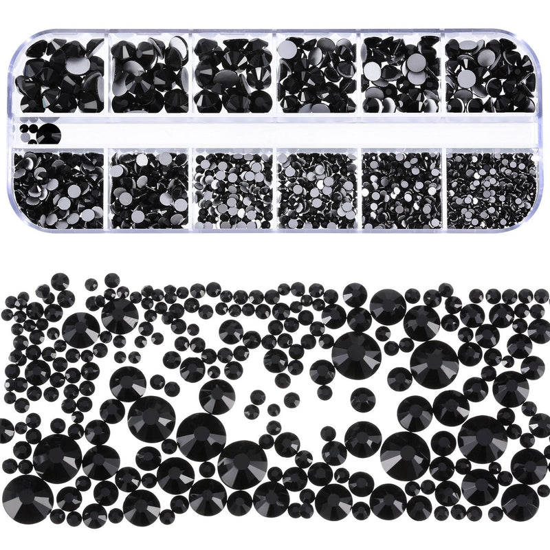 TecUnite 2000 Pieces Flat Back Gems Round Crystal Rhinestones 6 Sizes (1.5-6 mm) with Pick Up Tweezer and Rhinestones Picking Pen for Crafts Nail Face Art Clothes Shoes Bags DIY (Black) Black - LeoForward Australia