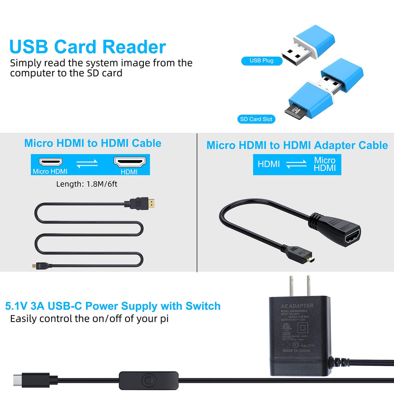  [AUSTRALIA] - Smraza Case for Raspberry Pi 4 Model B, Acrylic Case with Fan, 4PCS Heatsinks, 5V 3A USB-C Power Supply, USB Card Reader, 6 Feet Micro HDMI Cable, 7.8 inch Micro HDMI to HDMI Adapter Cable 4K Ultra HD