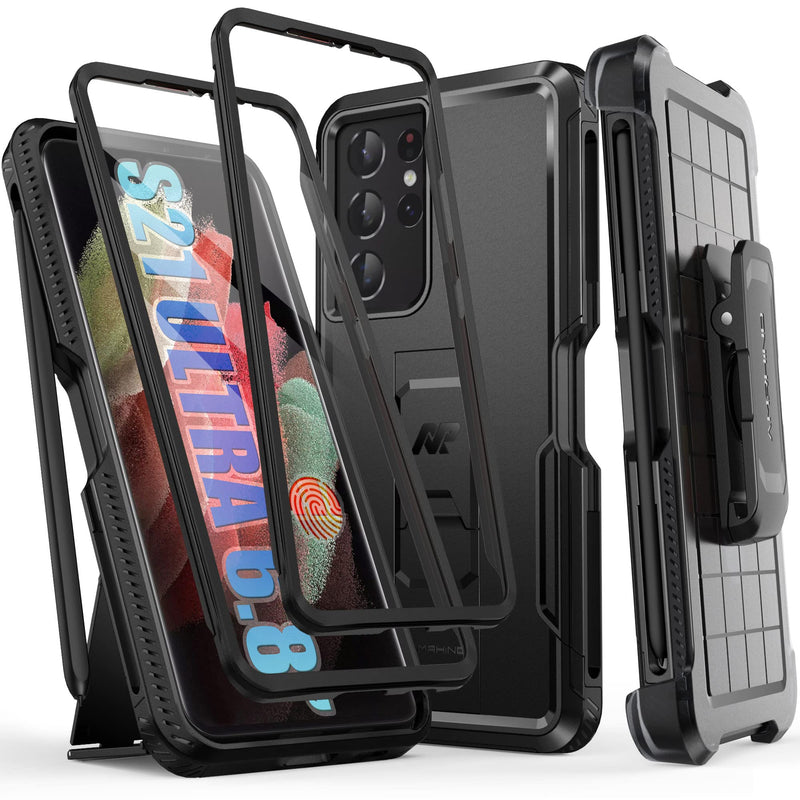  [AUSTRALIA] - AMRHINO for Samsung Galaxy S21 Ultra Case with Built-in Screen Protector & Kickstand & S Pen Holder & Rugged Belt-Clip, Full-Body Heavy Duty Phone Case for Samsung S21 Ultra 5G 6.8 inch, Black