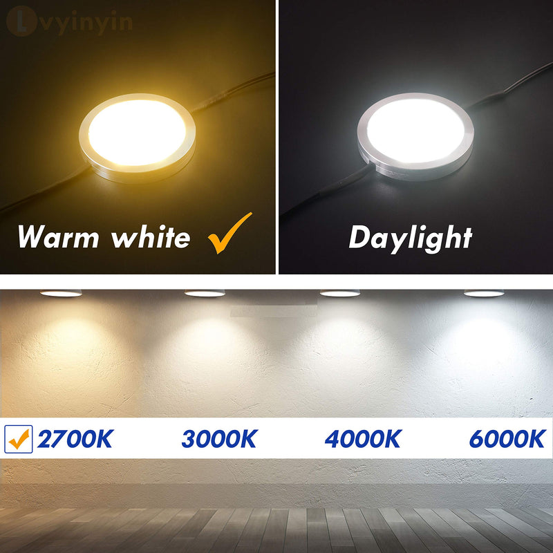 Lvyinyin Single LED Under Cabinet Puck Light, Display Case Shelf Counter Lighting, 120V AC Wall Plug with On Off Switch, Non-dimmable, Warm White, 2 Packs 2 Puck Lights & 2 Adapters, Warm White - LeoForward Australia