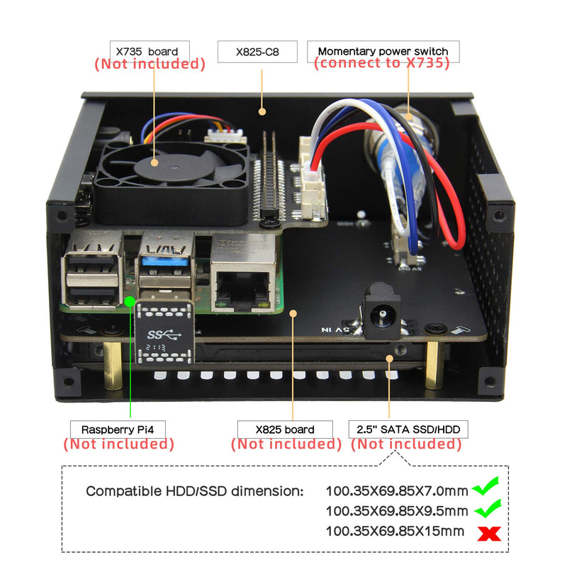  [AUSTRALIA] - Geekworm X825-C8 (X825 V2.0) Metal Case+Power Switch+Cooling Fan Support X825 V2.0 2.5 inch SATA SSD/HDD Shield & Raspberry Pi 4 Model B & X735 Only(Not Include RPi4&X825 V2.0&X735&PSU&SSD&TF Card) Black(X825-C8 for Pi4+X825 V2.0+X735)