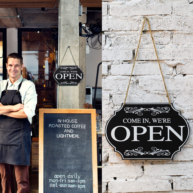  [AUSTRALIA] - Rustic Wooden Store Open and Closed Business Sign Two Sided Reversible Come in We're Open, Sorry We're Closed Store Hanging Sign for Coffee Bar Shop Door Window Decoration 11.8x7.8inch Black Board, White Words