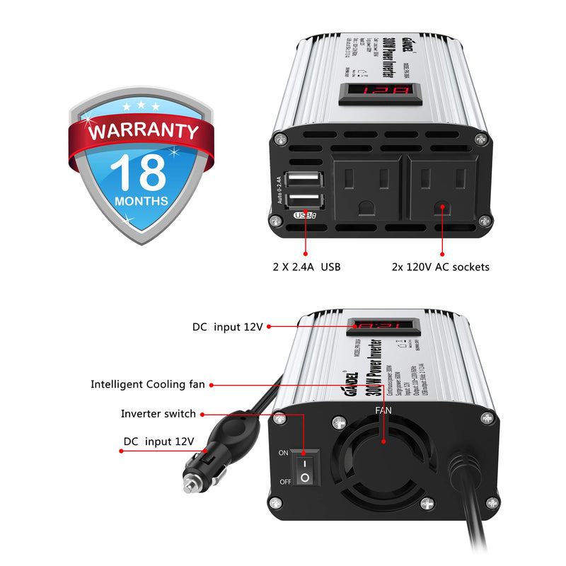  [AUSTRALIA] - 300W Power Inverter DC 12V to 110V AC Car Inverter with 4.8A Dual USB Car Adapter with LED Display 300Watt Modified Wave